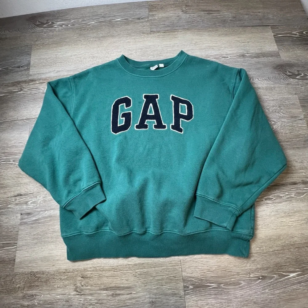 Gap Sweatshirt Unisex Large Green Logo Crewneck Relaxed Fit Pullover Fleece